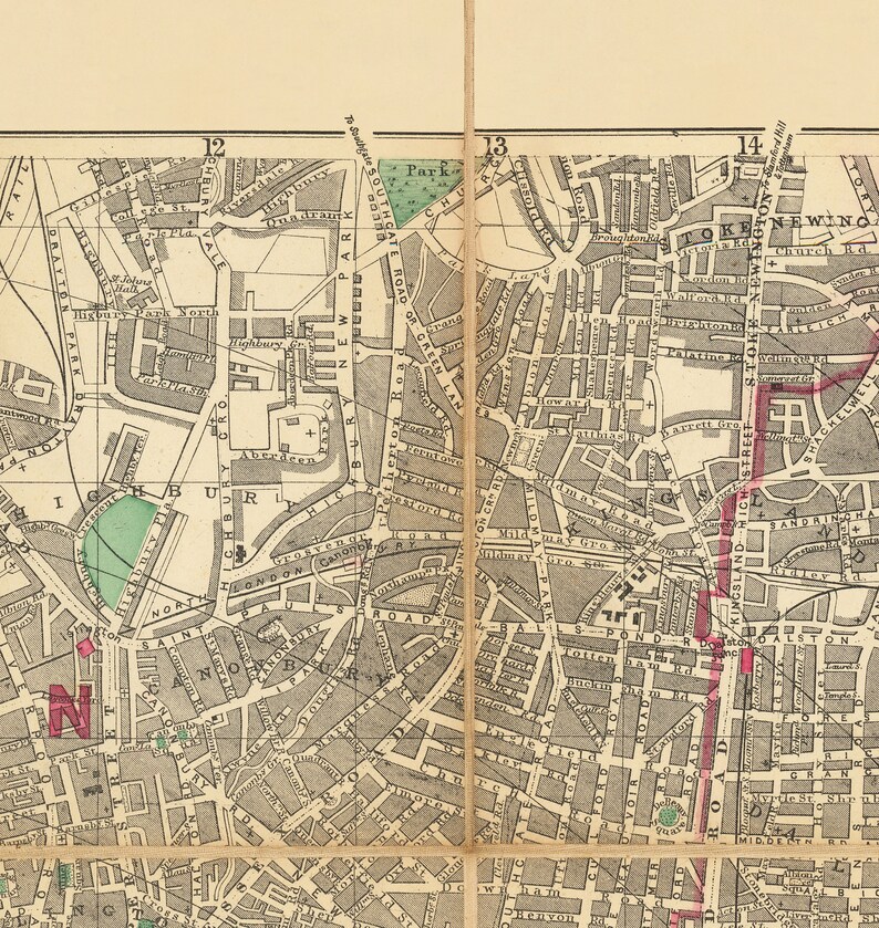 Big Old Map of London by Bacon, 1890 - Rare Folding Wall Chart of Victorian England - Postcodes, Train Stations, Parks - Framed or Unframed image 9