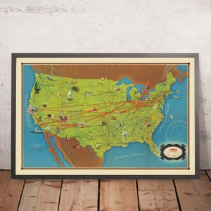 Old TWA Airline Map of United States, 1948: NYC, LA, Chicago, Airplane Routes