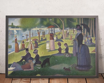 May include: A painting of a park scene with people picnicking and relaxing under trees. The painting is done in a pointillist style, with small dots of color creating the image. The scene is set on a sunny day, with the river in the background.