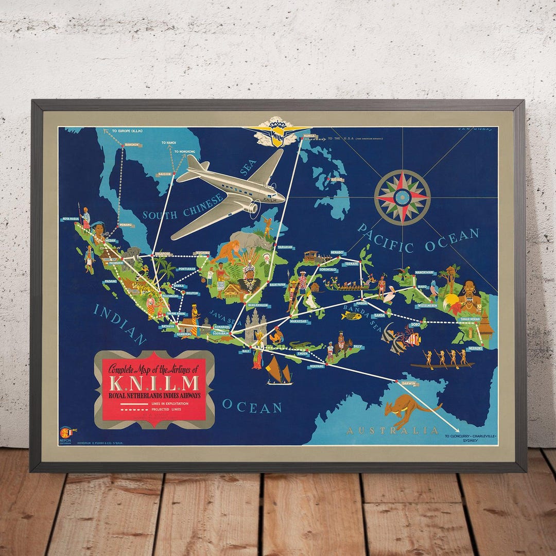 Old Map of Dutch East Indies Airplane Routes by Wijga, 1935: Art Deco ...