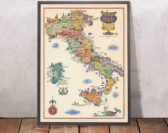 Old Pictorial Wine Map of Italy, 1976: Wine Regions, Mythical Illustrations, Viticulture