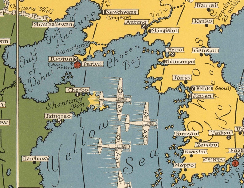 Mapa pictórico Japón, el objetivo de la Segunda Guerra Mundial, 1942 por Ernest Chase Antiguo gráfico de bombardeos de la Segunda Guerra Mundial China, Japón, Corea Enmarcado, Sin marco imagen 7