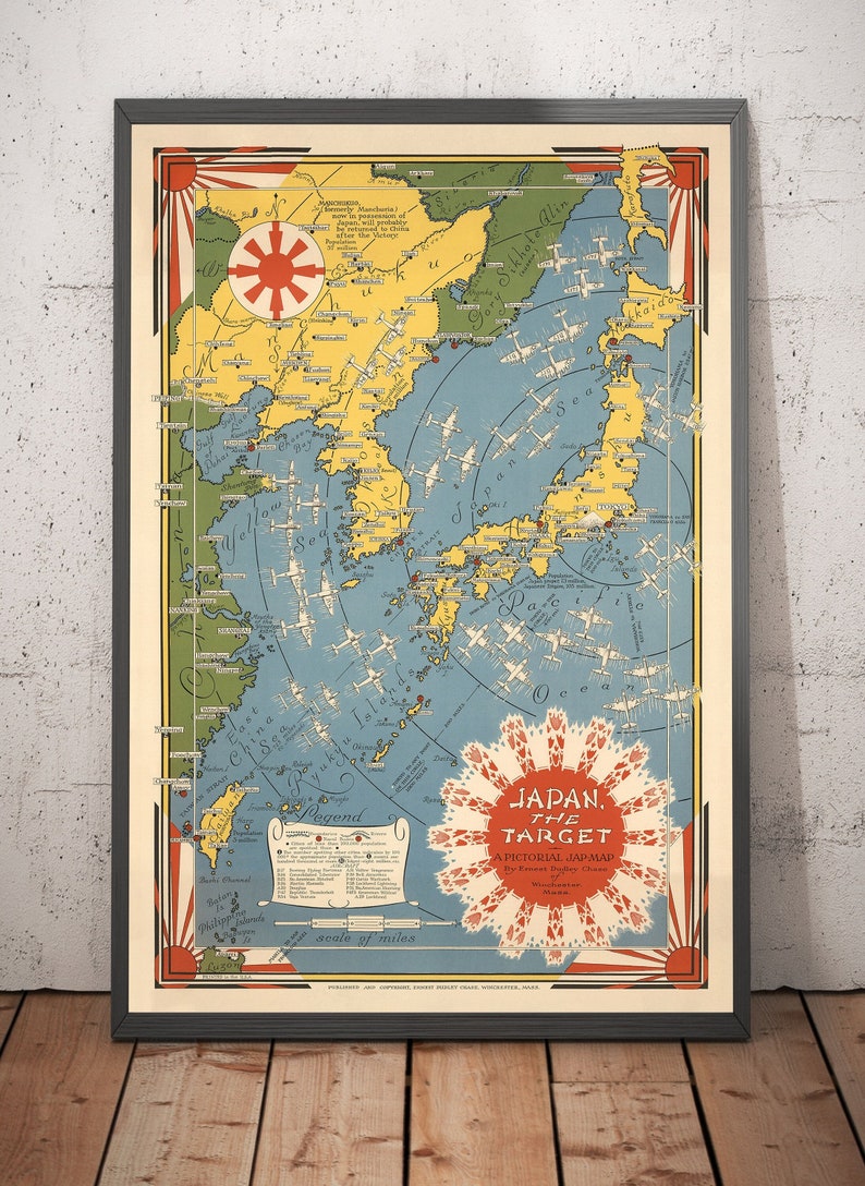 Mapa pictórico Japón, el objetivo de la Segunda Guerra Mundial, 1942 por Ernest Chase Antiguo gráfico de bombardeos de la Segunda Guerra Mundial China, Japón, Corea Enmarcado, Sin marco imagen 1