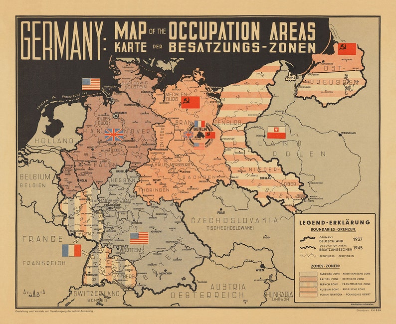 Nazi Germany World War 2 Map Post War Potsdam Chart Communist East & Allied West Berlin Occupation Framed or Unframed image 2