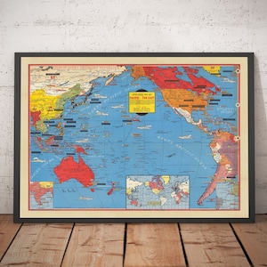 Old World War 2 Map of the Pacific and Far East in 1942 by Stanley Turner - "Dated Events" Japan, USA, Britain, Pacific, USSR