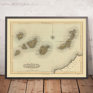 Old Rare Map of Canary Islands by Lucas, 1823: Tenerife, Gran Canaria, Compass Rose, Mountains, Atlantic