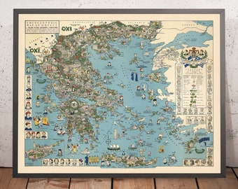Old Pictorial Map of Ancient & Modern Greece, 1962: Athens, Thessaloniki, Mount Olympus, Greek Civil War