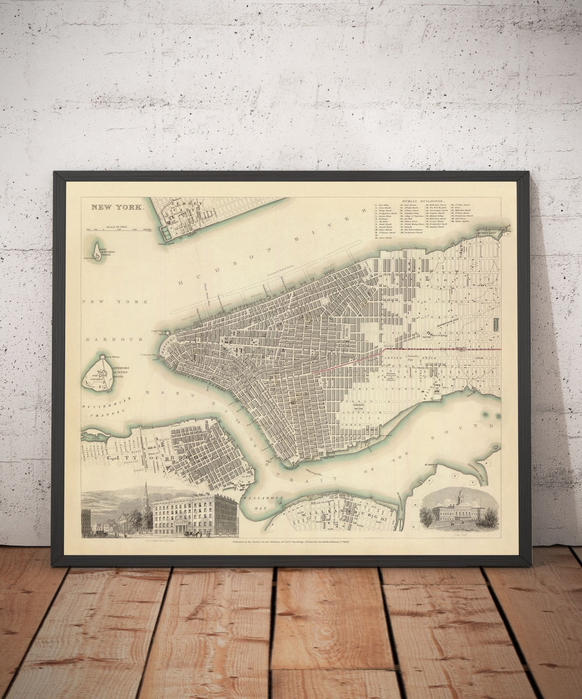 Old Map of New York, USA in 1840 - Manhattan, Brooklyn, Williamsburg, Jersey City, Hudson River, East River - Framed or Unframed