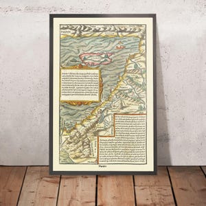 Old Map of Cyprus & Holy Land by Münster, 1554: Jerusalem, Mount Sinai, Medina, Taurus Mts
