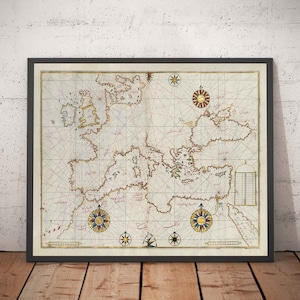 Antigo mapa árabe da Europa em 1525 por Piri Reis - França, Espanha, Reino Unido, Turquia, Alemanha