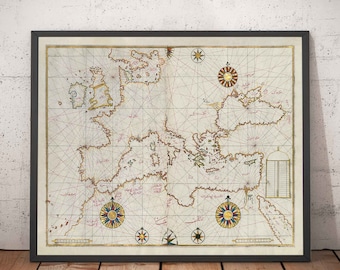 Old Arabic Map of Europe in 1525 by Piri Reis - France, Spain, United Kingdom, Turkey, Germany