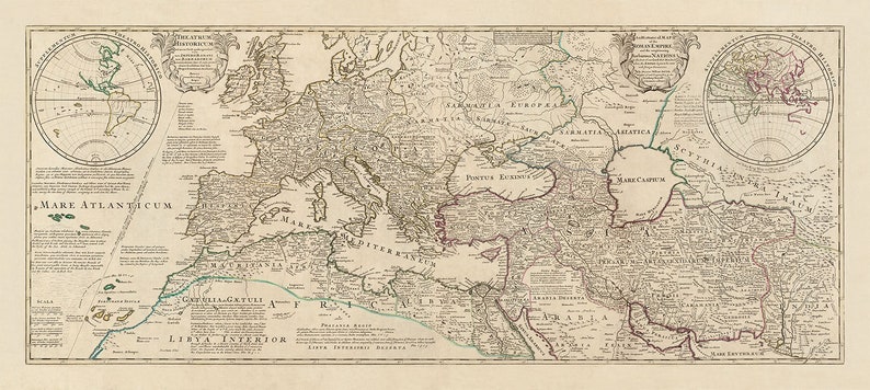 May include: An antique map of the Roman Empire, showing the boundaries of the empire at its greatest extent. The map is printed in black and white on a cream-colored background. The map includes a key with the names of the provinces and other geographical features. The map is surrounded by a decorative border.