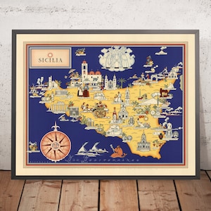 Old Pictorial Map of Sicily by De Agostini, 1938: Palermo, Catania, Messina, Parco dell'Etna, Parco dei Nebrodi