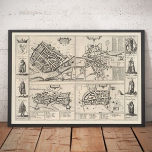 Old map of Dublin, Limerick, Cork and Galway in 1618 by Georg Braun - Ancient Eire City Charts - Framed or Unframed