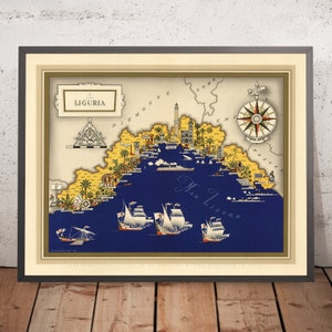 Old Pictorial Map of Liguria by De Agostini, 1938: Genoa, La Spezia, Cinque Terre, Italian Riviera, Maritime Alps