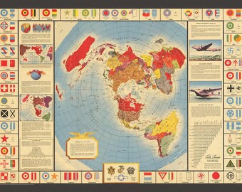古い世界地図、1943年 - 第二次世界大戦の空軍の紋章、記章