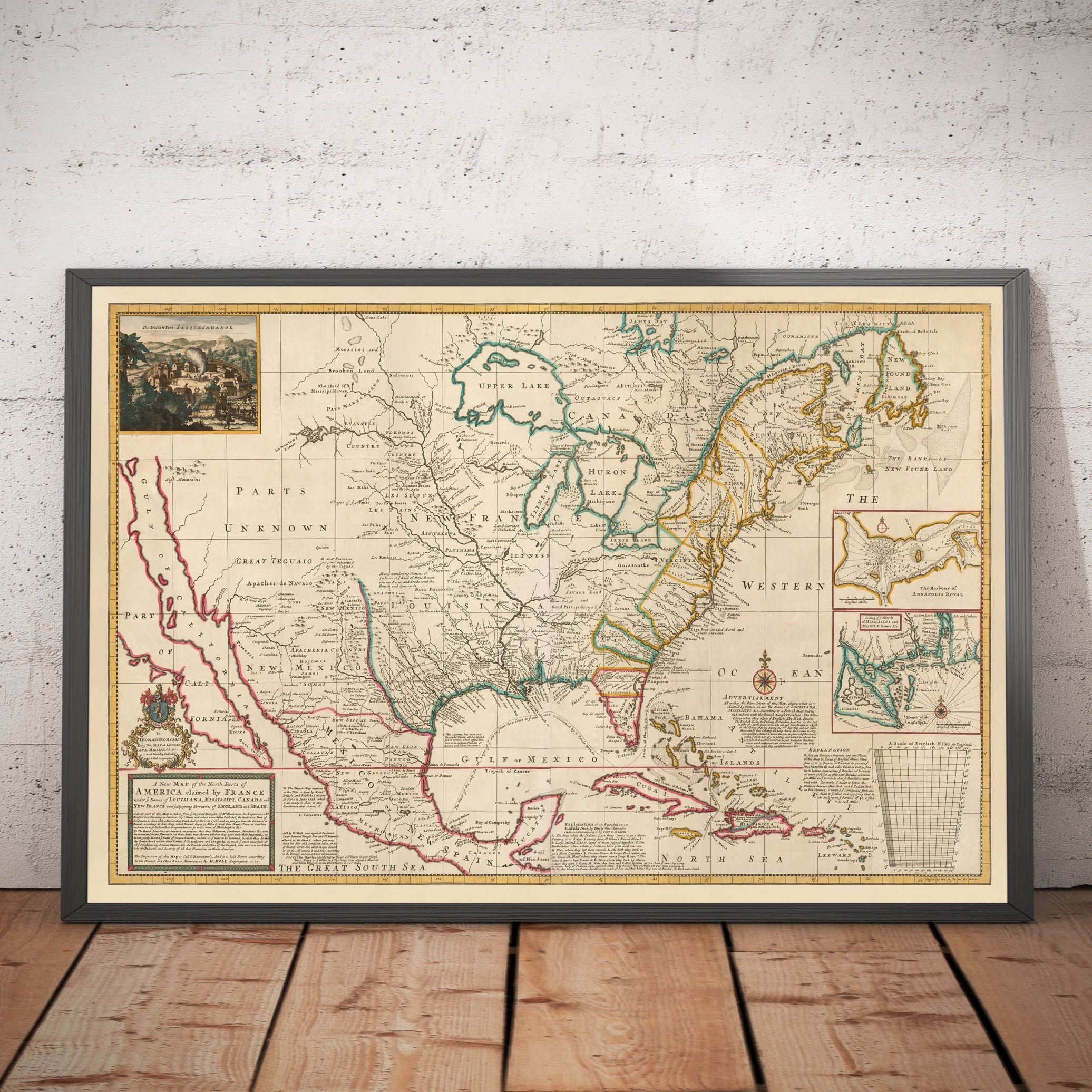 Old Map of North America, 1720 by Moll - USA, Canada, Mexico - French, Spanish & English Colonial Atlas - Framed, Unframed, Personalised