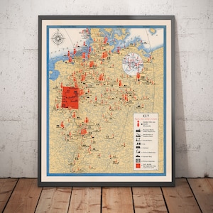 Pode incluir: Um mapa vintage que mostra as localizações dos ataques aéreos aliados na Alemanha durante a Segunda Guerra Mundial. O mapa está em uma moldura preta e mostra as localizações dos ataques em várias cidades e alvos industriais. O tamanho dos símbolos de bombas vermelhas indica o número de ataques.