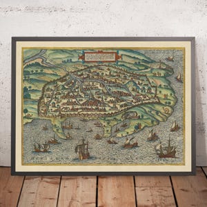 Old Birdseye Map of Alexandria, Egypt by Braun, 1575: Pompey's Pillar, Towers, Battlements, Ships, Waterways