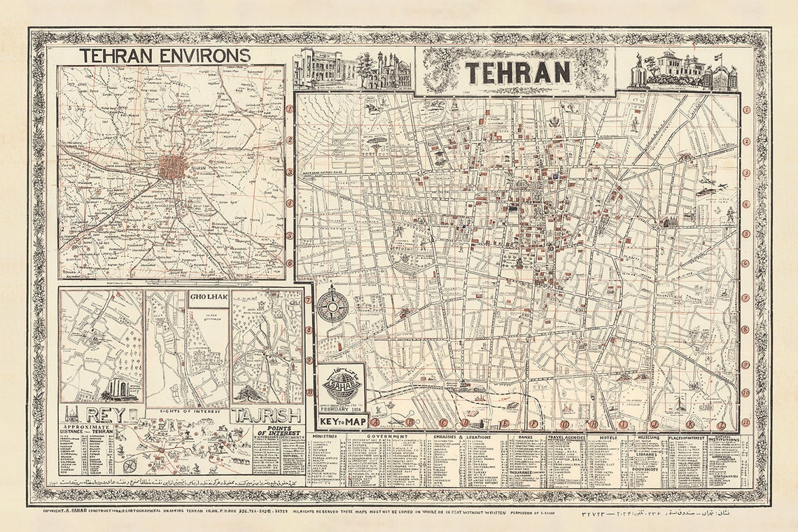 Mehran Sahab Old Map of Tehran by Sahab Abbas, 1956: Mehran, Bazaar, Abouzar ...