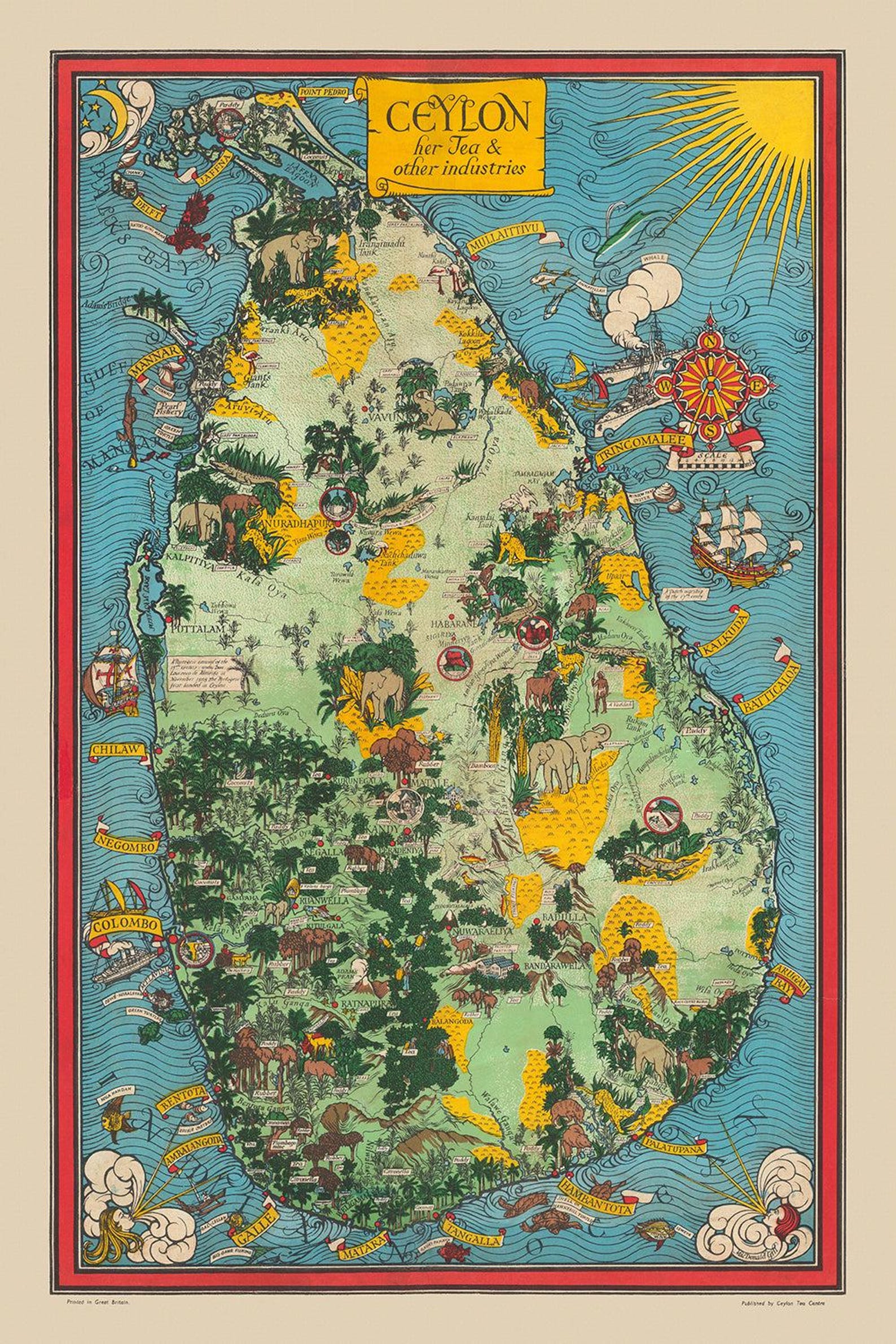 Rhg Map Old Pictorial Map of Ceylon (sri Lanka) by Gill, 1933: Elephants, Tea ...