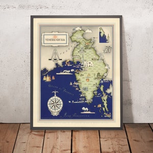 Old Pictorial Map of Friuli-Venezia Giulia by De Agostini, 1938: Trieste, Gorizia, Pola, Fiume, Zara, Alps