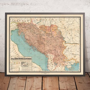 Large Old Map of Yugoslavia by Kolin, 1917: Serbia, Croatia, Montenegro, Slovenia, Bosnia