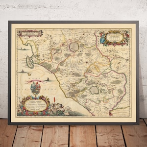 Old Map of Lower Tuscany, Italy by Visscher, 1690: Viterbo, Rome, Orvieto, Civitavecchia, Parco Bracciano Martignano