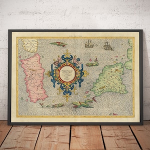 Oude kaart van Sardinië en Sicilië in 1584 door Gerard Mercator - Italië, Cagliari, Catania, Palermo, Sassari - ingelijst, ingelijst