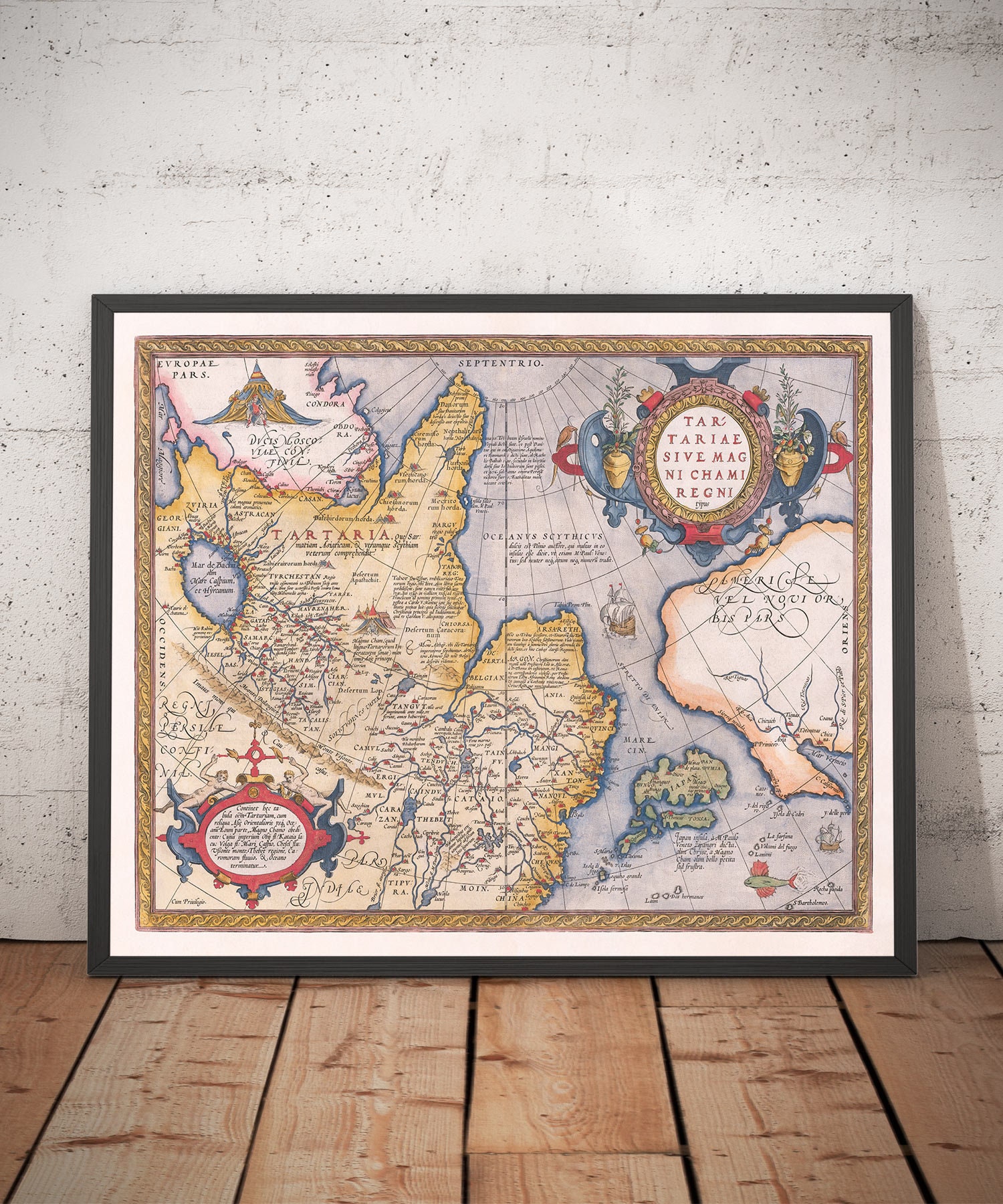 Old Map of Tartary (Russia, Siberia, China) in 1584 by Ortelius - Rare Chart of Central Asia, America, Japan - Framed, Unframed