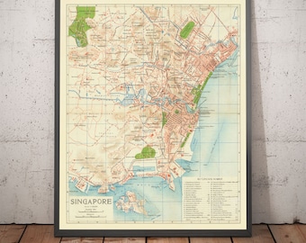 Rare Old Map of Singapore, 1917 - British Empire Colony, Pulau Ujong, Botanic Gardens, Marina, Bay - Framed, Unframed City Gift Chart