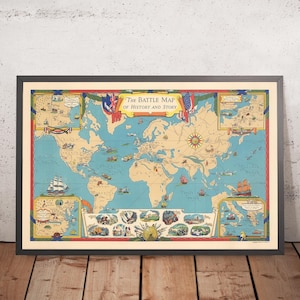 Old World Map by Voute, 1940: Historic Battles, Trojans, Trojan War, Indian Wars, Napoleon, Armada, Alexander the Great, Romans