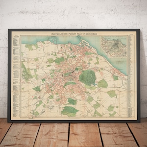 Große alte Karte von Edinburgh - Bartholomew's Pocket Plan, 1921 - Leith, Old Town, New Town, Holyrood - gerahmt oder ungerahmt
