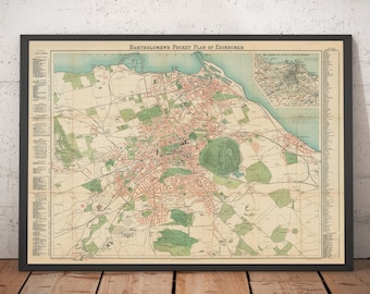 Mapa antiguo grande de Edimburgo - Plano de bolsillo de Bartholomew, 1921 - Leith, Ciudad Vieja, Ciudad Nueva, Holyrood - Con o sin marco