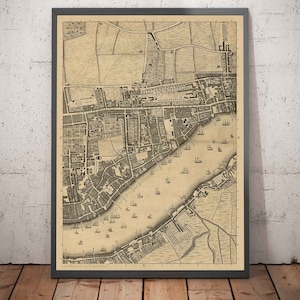 Old Map of by John Rocque London, 1746, G2 - Wapping, Shadwell, Rotherhithe, Thames, Tower Hamlets, E1W, Southwark - Framed, Unframed Gift