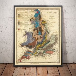Old Geological Map of England & Wales, 1843 by Murchison - Britain, UK - Geology, Geologist Chart - Personalised Gift - Framed, Unframed