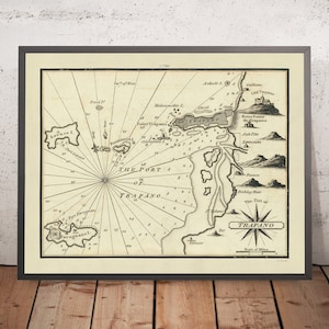 May include: An antique map of the Port of Trapani, Sicily, with detailed nautical markings and island names. The map is printed on aged paper with a cream background and black ink.