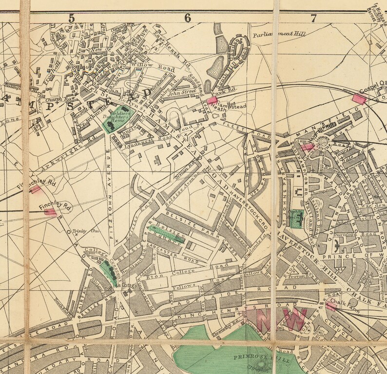 Big Old Map of London by Bacon, 1890 - Rare Folding Wall Chart of Victorian England - Postcodes, Train Stations, Parks - Framed or Unframed image 8