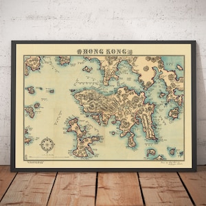 Old Map of Hong Kong, 1924 by Sung Chun Wa - Central, Kowloon, Causeway, Victoria Harbour, Islands, Mountains, Lamma - Framed, Unframed Gift