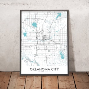 May include: A black and white map of Oklahoma City, Oklahoma, United States. The map shows the city's streets, parks, and bodies of water. The city name is printed in black at the bottom of the map.