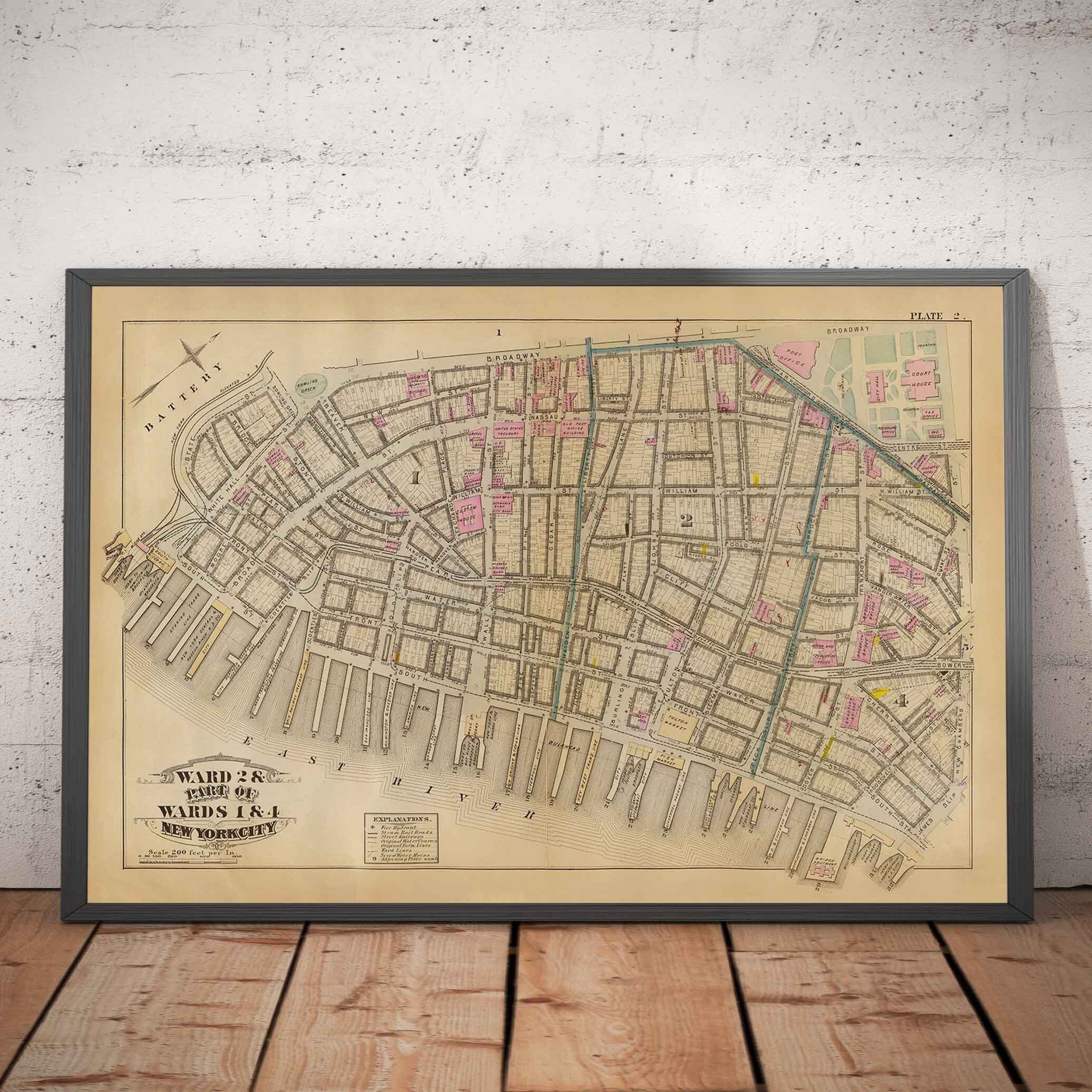 Old Map of Financial District & Civic Center, 1879 - Manhattan Wards, Wall St, Fulton St, East River, City Hall - Framed, Unframed