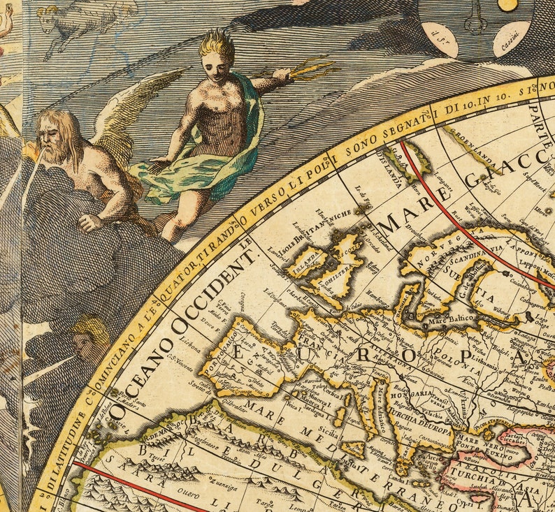 Carte de l'Atlas du vieux monde, 1700 carte ancienne très rare, carte murale vintage par Paolo Petrini encadrée ou non image 9