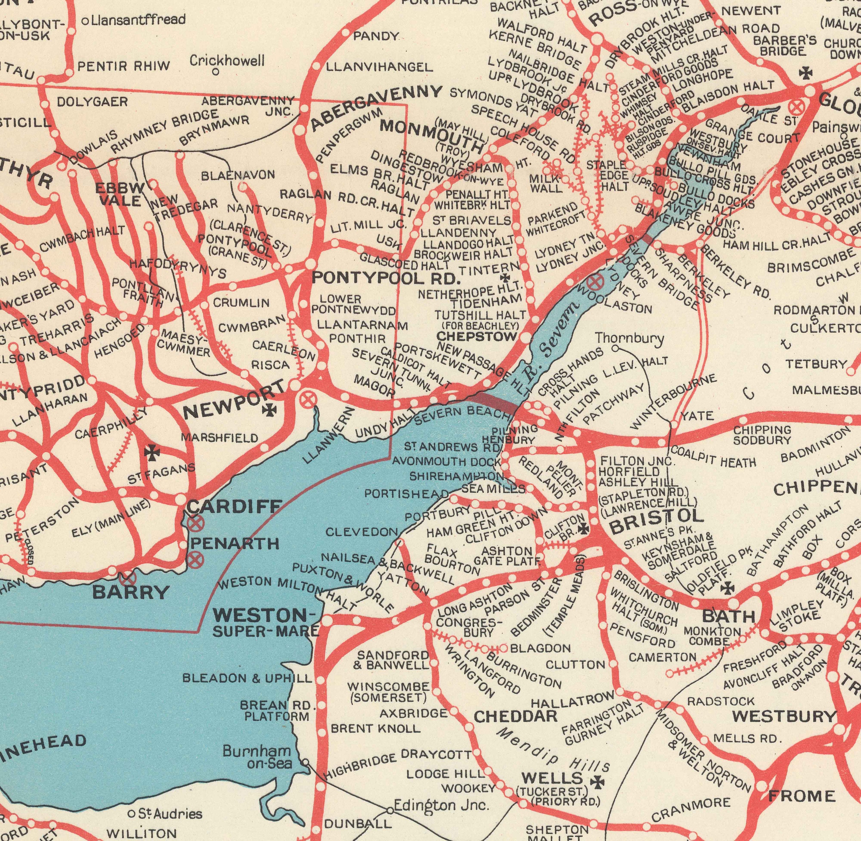 グレート ウェスタン鉄道の古い地図、1950 年 - ビーチング
