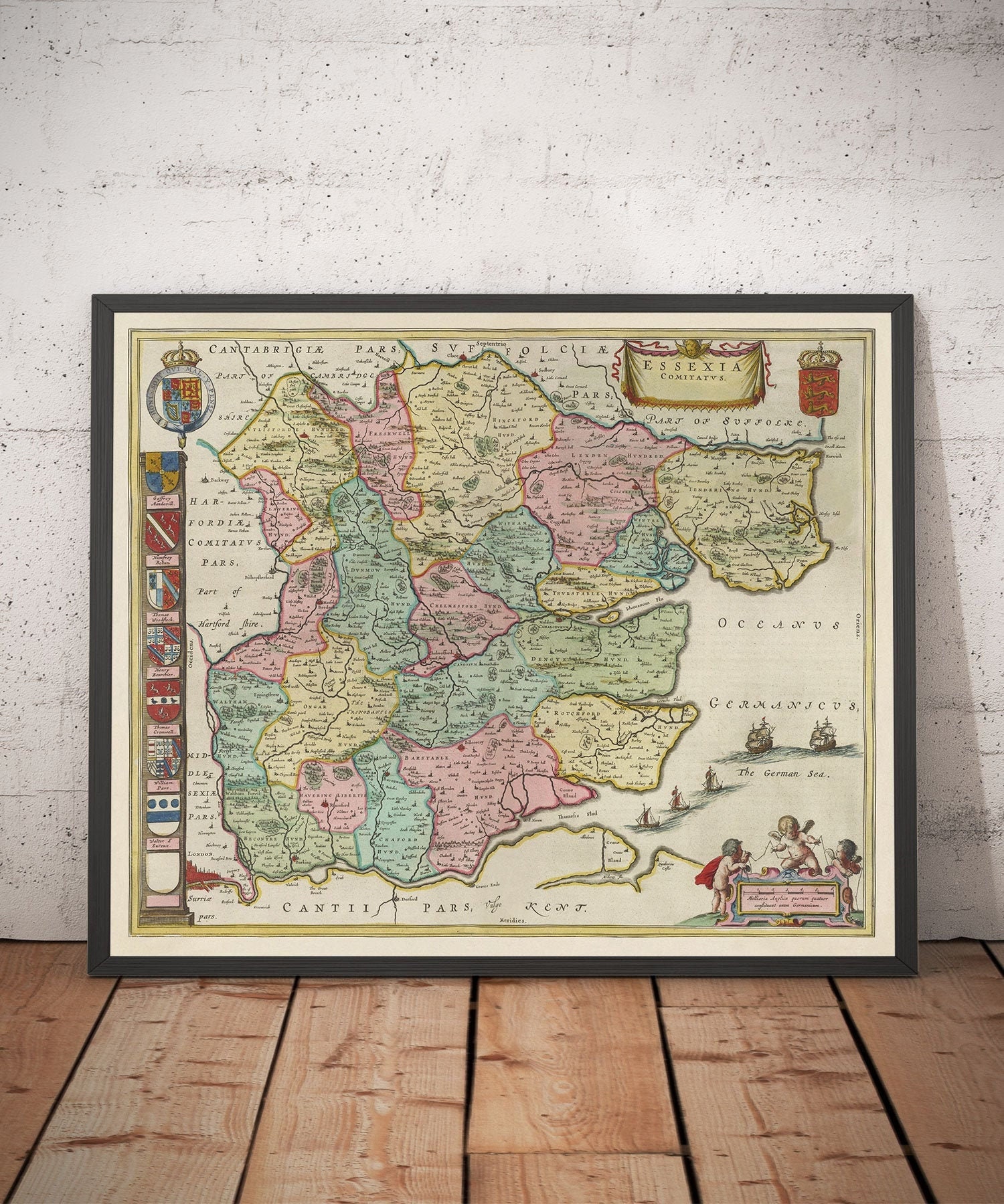 Old Map of Essex, 1665 by Joan Blaeu - Southend, Colchester, Chelmsford, Basildon, Romford, Braintree, North London - Gift Framed, Unframed
