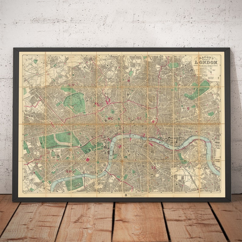 Big Old Map of London by Bacon, 1890 - Rare Folding Wall Chart of Victorian England - Postcodes, Train Stations, Parks - Framed or Unframed image 1
