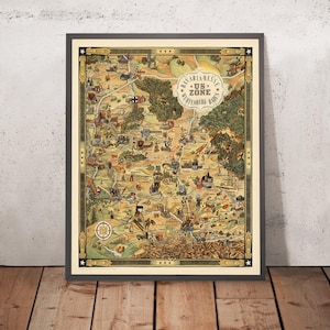 May include: A vintage map of the US Zone of Bavaria, Wurttemberg, Baden, and Hesse. The map is printed in brown, green, and yellow colours and features a variety of symbols and text.