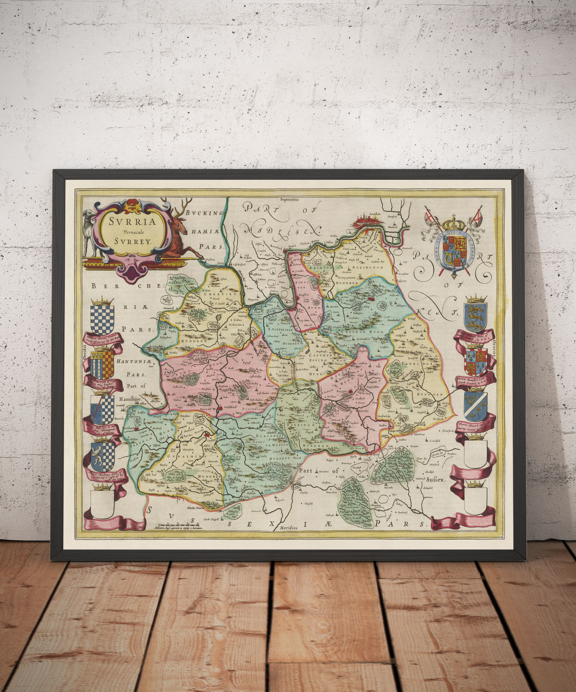 Old Map of Surrey in 1665 by Joan Blaeu - Woking, Guildford, Croydon, Richmond, Kingston, Reigate, Oxted, Sutton - Framed, Unframed