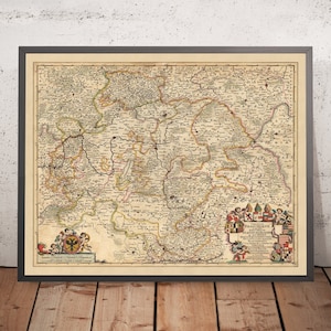 Old Map of Franconian Circle by Nicolaes Visscher II, 1690: Nuremberg, Ingolstadt, Würzburg, Zwickaw, Slavkov Forest