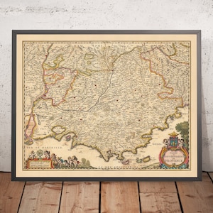 Old Map of Provence, France by Visscher, 1690: Marseille, Avignon, Cannes, Nice, Parc national des Calanques