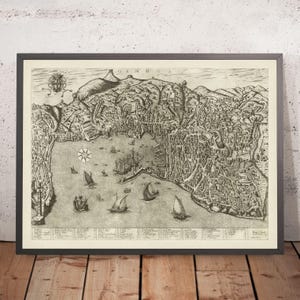 Old Pictorial Map of Genoa by Duchetti, 1584: Harbor, Laterna, Ships